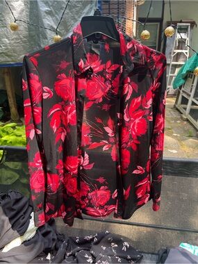 Black Sheer Blouse with Red Floral Print